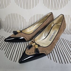 Luciano Padovan Leather Tassel Kitten Heel  Pumps Italy  Black/Beige Sz. 39